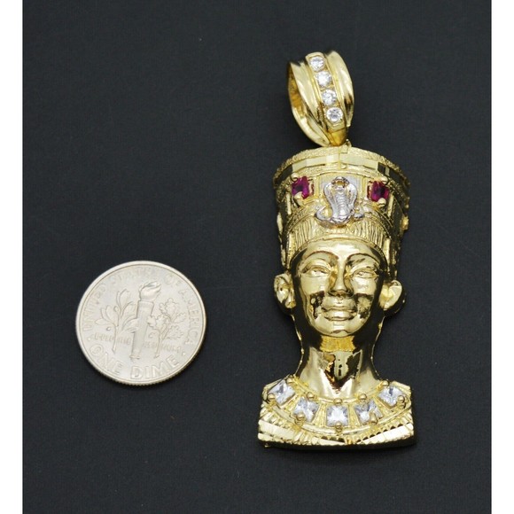 Real 10k Yellow Gold Egyptian King Head Diamond Cut Pendant 3D - Picture 6 of 9